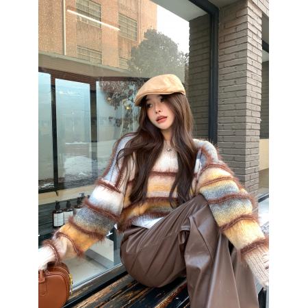 FA55278# 秋冬新款渐变色条纹V领显瘦宽松毛衣女 服裝批發女裝批發服飾貨源