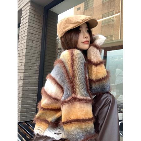 FA55278# 秋冬新款渐变色条纹V领显瘦宽松毛衣女 服裝批發女裝批發服飾貨源