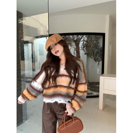 FA55278# 秋冬新款渐变色条纹V领显瘦宽松毛衣女 服裝批發女裝批發服飾貨源