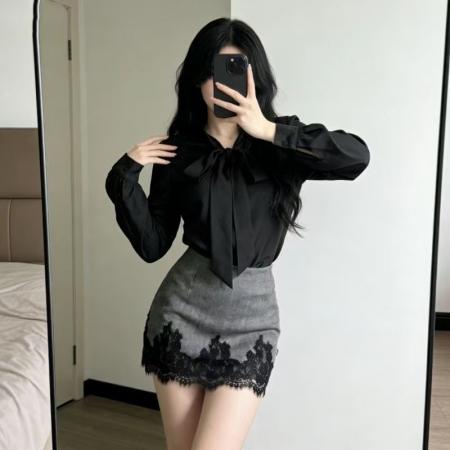 FA55283# 法式蝴蝶结叠穿小香风设计感衬衫春秋气质衬衣半身裙通勤套装 服裝批發女裝批發服飾貨源