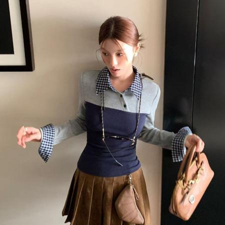 FA55284# 学院艺术生miu里miu气拼接撞色修身格子长袖T恤 服裝批發女裝批發服飾貨源