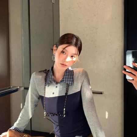 FA55284# 学院艺术生miu里miu气拼接撞色修身格子长袖T恤 服裝批發女裝批發服飾貨源