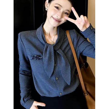 FA55285# 港风复古高级感格纹飘带衬衫女春季新款绝美通勤风百搭显瘦衬衣潮 服裝批發女裝批發服飾貨源