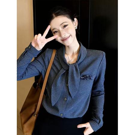 FA55285# 港风复古高级感格纹飘带衬衫女春季新款绝美通勤风百搭显瘦衬衣潮 服裝批發女裝批發服飾貨源