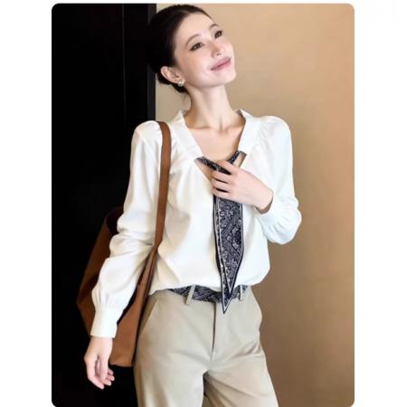 FA55286# 法式高级感领巾拼接白色衬衫女小众独特慵懒百搭绝美长袖上衣秋冬 服裝批發女裝批發服飾貨源