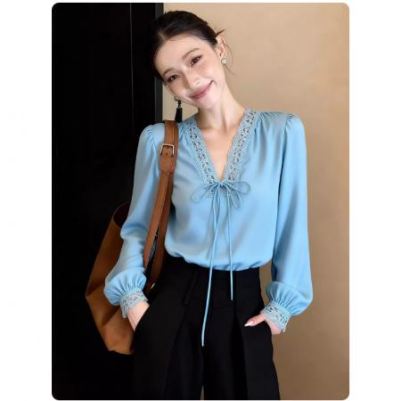 FA55287# 法式复古气质蓝色蕾丝拼接系带灯笼袖上衣春季新款衬衫百搭女 服裝批發女裝批發服飾貨源