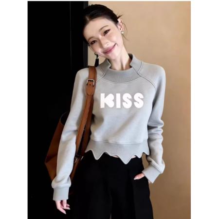 FA55288# 美式复古灰色不规则修身短款上衣设计感秋冬字母印花长袖正肩卫衣 服裝批發女裝批發服飾貨源