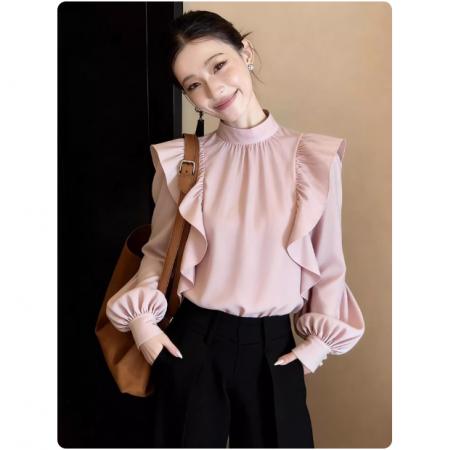FA55289# 法式轻奢风粉色灯笼袖衬衫女时尚通勤气质设计感上衣春季新款 服裝批發女裝批發服飾貨源
