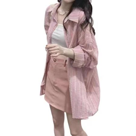 FA55291# 粉色条纹衬衫外套女新款早春季衬衣设计感慵懒风开衫上衣 服裝批發女裝批發服飾貨源