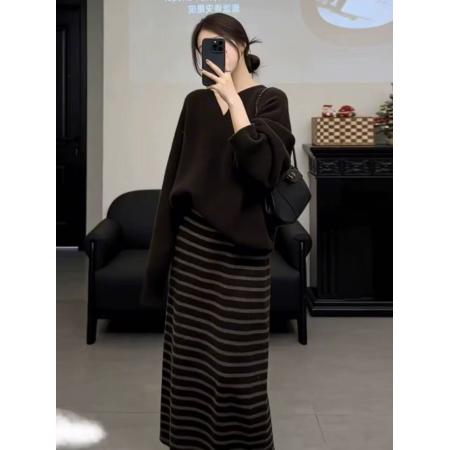 FA55293# 韩系巨好看穿搭一整套新款毛衣连衣裙子女秋冬季长裙两件套装 服裝批發女裝批發服飾貨源