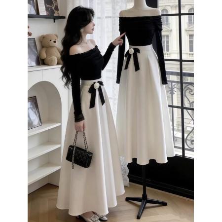 FA55295# 高级感法式气质一字肩长裙女秋冬赫本风蝴蝶结掐腰显瘦千金风穿搭 服裝批發女裝批發服飾貨源