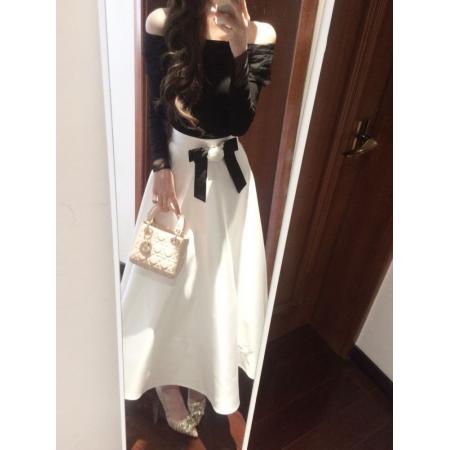 FA55295# 高级感法式气质一字肩长裙女秋冬赫本风蝴蝶结掐腰显瘦千金风穿搭 服裝批發女裝批發服飾貨源