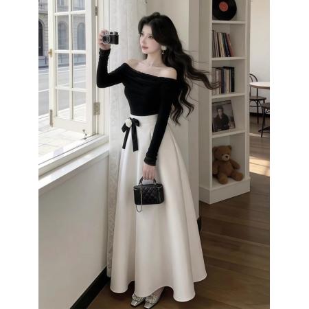 FA55295# 高级感法式气质一字肩长裙女秋冬赫本风蝴蝶结掐腰显瘦千金风穿搭 服裝批發女裝批發服飾貨源