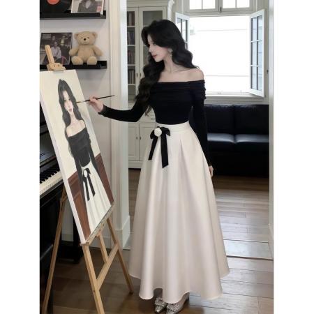 FA55295# 高级感法式气质一字肩长裙女秋冬赫本风蝴蝶结掐腰显瘦千金风穿搭 服裝批發女裝批發服飾貨源