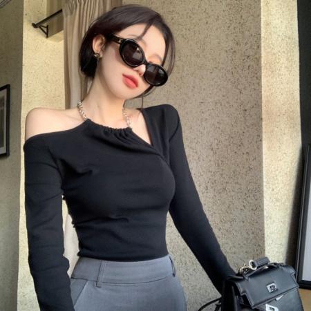 FA55296# 纯欲风辣妹挂脖露肩不规则长袖T恤修身显瘦上衣 服裝批發女裝批發服飾貨源