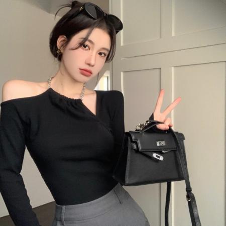 FA55296# 纯欲风辣妹挂脖露肩不规则长袖T恤修身显瘦上衣 服裝批發女裝批發服飾貨源