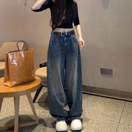 FA55298# 满天星烫钻弯刀牛仔裤女春季新款复古蓝阔腿裤大码胖mm直筒裤 服裝批發女裝批發服飾貨源
