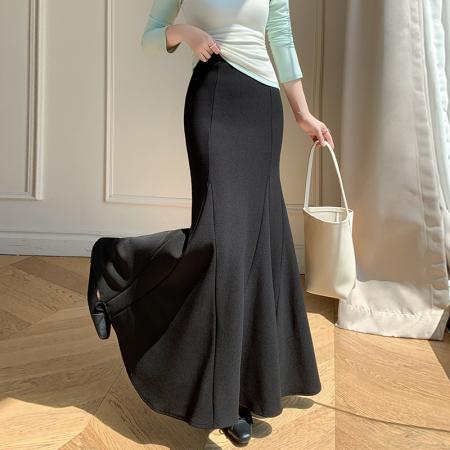 FA55301# 春夏半身裙女弹力百搭鱼尾裙黑色高腰中长裙款半身裙 服裝批發女裝批發服飾貨源