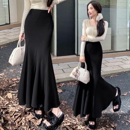 FA55302# 春夏半身裙女弹力百搭鱼尾裙黑色高腰中长款半身裙子 服裝批發女裝批發服飾貨源