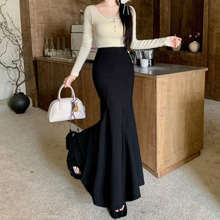 FA55302# 春夏半身裙女弹力百搭鱼尾裙黑色高腰中长款半身裙子 服裝批發女裝批發服飾貨源