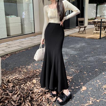 FA55302# 春夏半身裙女弹力百搭鱼尾裙黑色高腰中长款半身裙子 服裝批發女裝批發服飾貨源