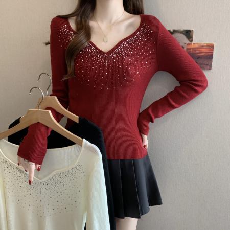 FA55304# 早春新款韩系重工烫钻V领针织衫女微胖薄款长袖毛衣 服裝批發女裝批發服飾貨源