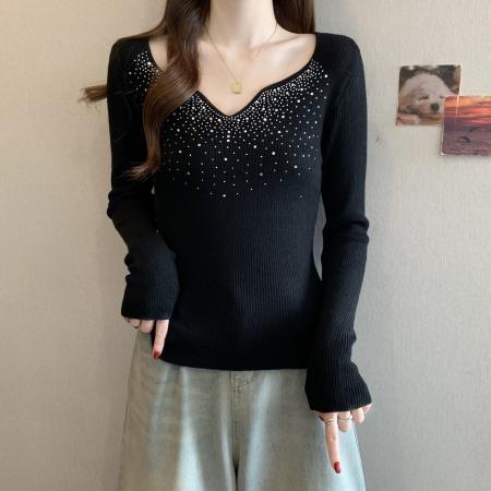 FA55304# 早春新款韩系重工烫钻V领针织衫女微胖薄款长袖毛衣 服裝批發女裝批發服飾貨源