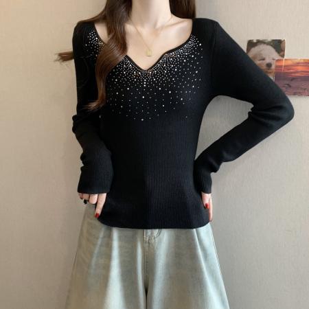 FA55304# 早春新款韩系重工烫钻V领针织衫女微胖薄款长袖毛衣 服裝批發女裝批發服飾貨源