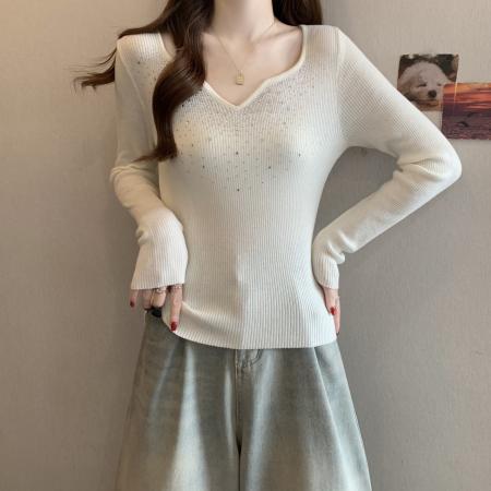FA55304# 早春新款韩系重工烫钻V领针织衫女微胖薄款长袖毛衣 服裝批發女裝批發服飾貨源