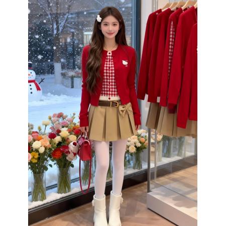 FA55305# 氛围感红色假两件针织开衫女冬季上衣巨好看时尚洋气百搭毛衣 服裝批發女裝批發服飾貨源