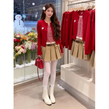 FA55305# 氛围感红色假两件针织开衫女冬季上衣巨好看时尚洋气百搭毛衣 服裝批發女裝批發服飾貨源