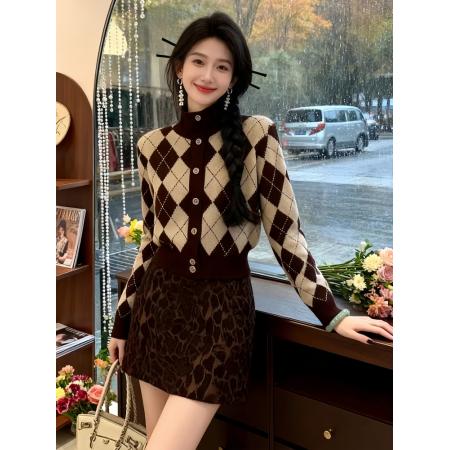 FA55306# 冬季新款韩版女装修身百搭菱格针织开衫上衣外套复古减龄毛衣 服裝批發女裝批發服飾貨源
