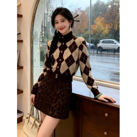 FA55306# 冬季新款韩版女装修身百搭菱格针织开衫上衣外套复古减龄毛衣 服裝批發女裝批發服飾貨源