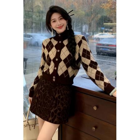 FA55306# 冬季新款韩版女装修身百搭菱格针织开衫上衣外套复古减龄毛衣 服裝批發女裝批發服飾貨源