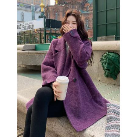 FA55308# 紫色贵气感双面呢羊毛呢子大衣女秋冬新款韩系复古时 服裝批發女裝批發服飾貨源