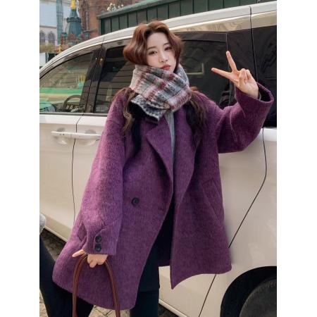 FA55308# 紫色贵气感双面呢羊毛呢子大衣女秋冬新款韩系复古时 服裝批發女裝批發服飾貨源