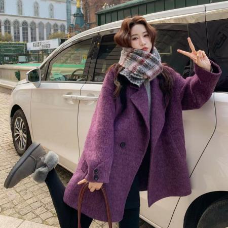 FA55308# 紫色贵气感双面呢羊毛呢子大衣女秋冬新款韩系复古时 服裝批發女裝批發服飾貨源