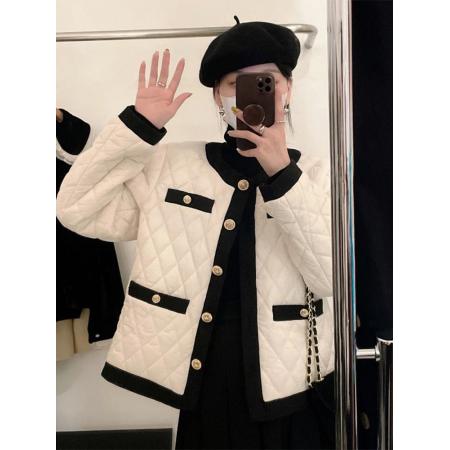 FA55309# 小香风白色菱格棉服女小个子短款夹棉外套 服裝批發女裝批發服飾貨源