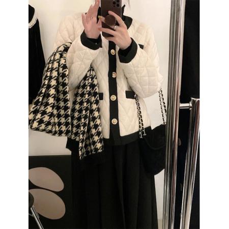 FA55309# 小香风白色菱格棉服女小个子短款夹棉外套 服裝批發女裝批發服飾貨源