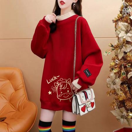 FA55311# 绝美新年红色假两件加绒卫衣女设计感卡通涂鸦宽松休闲中长款上衣 服裝批發女裝批發服飾貨源