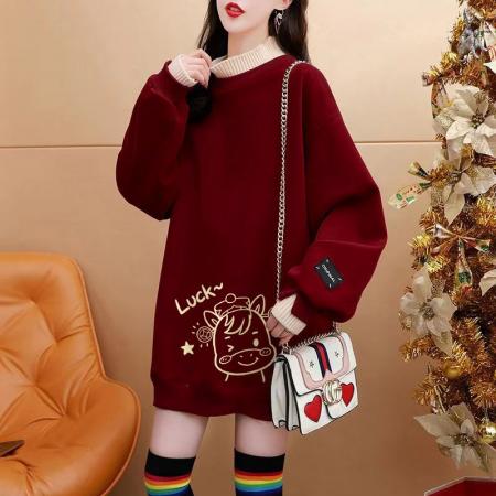 FA55311# 绝美新年红色假两件加绒卫衣女设计感卡通涂鸦宽松休闲中长款上衣 服裝批發女裝批發服飾貨源