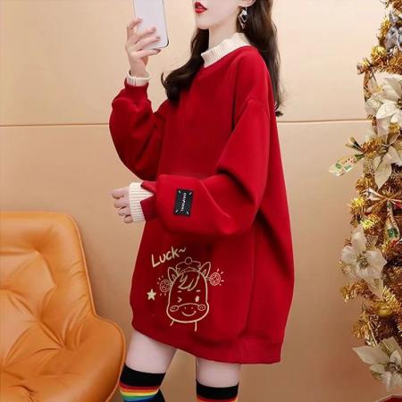 FA55311# 绝美新年红色假两件加绒卫衣女设计感卡通涂鸦宽松休闲中长款上衣 服裝批發女裝批發服飾貨源