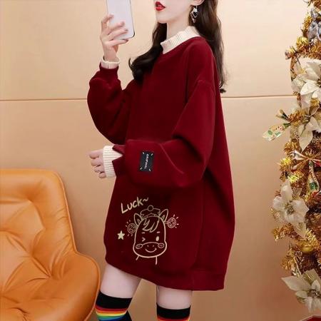 FA55311# 绝美新年红色假两件加绒卫衣女设计感卡通涂鸦宽松休闲中长款上衣 服裝批發女裝批發服飾貨源