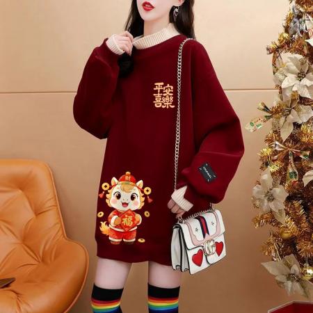 FA55312# 绝美新年红色假两件加绒卫衣女设计感卡通涂鸦宽松休闲中长款上衣 服裝批發女裝批發服飾貨源