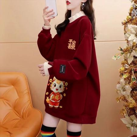 FA55312# 绝美新年红色假两件加绒卫衣女设计感卡通涂鸦宽松休闲中长款上衣 服裝批發女裝批發服飾貨源