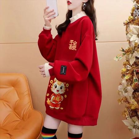 FA55312# 绝美新年红色假两件加绒卫衣女设计感卡通涂鸦宽松休闲中长款上衣 服裝批發女裝批發服飾貨源