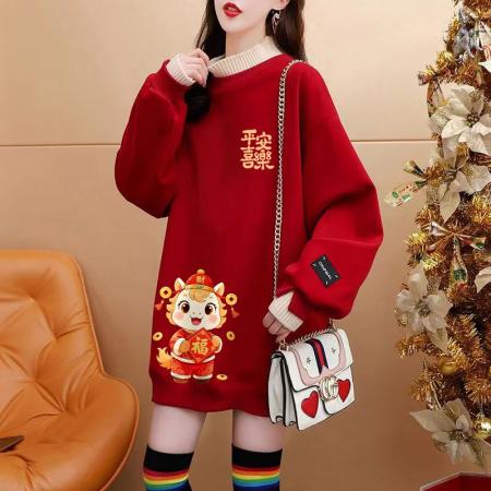 FA55312# 绝美新年红色假两件加绒卫衣女设计感卡通涂鸦宽松休闲中长款上衣 服裝批發女裝批發服飾貨源