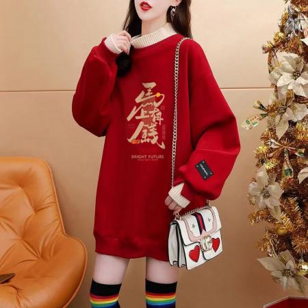 FA55313# 绝美新年红色假两件加绒卫衣女设计感卡通涂鸦宽松休闲中长款上衣 服裝批發女裝批發服飾貨源