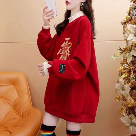 FA55313# 绝美新年红色假两件加绒卫衣女设计感卡通涂鸦宽松休闲中长款上衣 服裝批發女裝批發服飾貨源