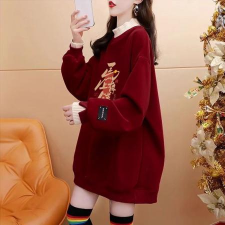 FA55313# 绝美新年红色假两件加绒卫衣女设计感卡通涂鸦宽松休闲中长款上衣 服裝批發女裝批發服飾貨源
